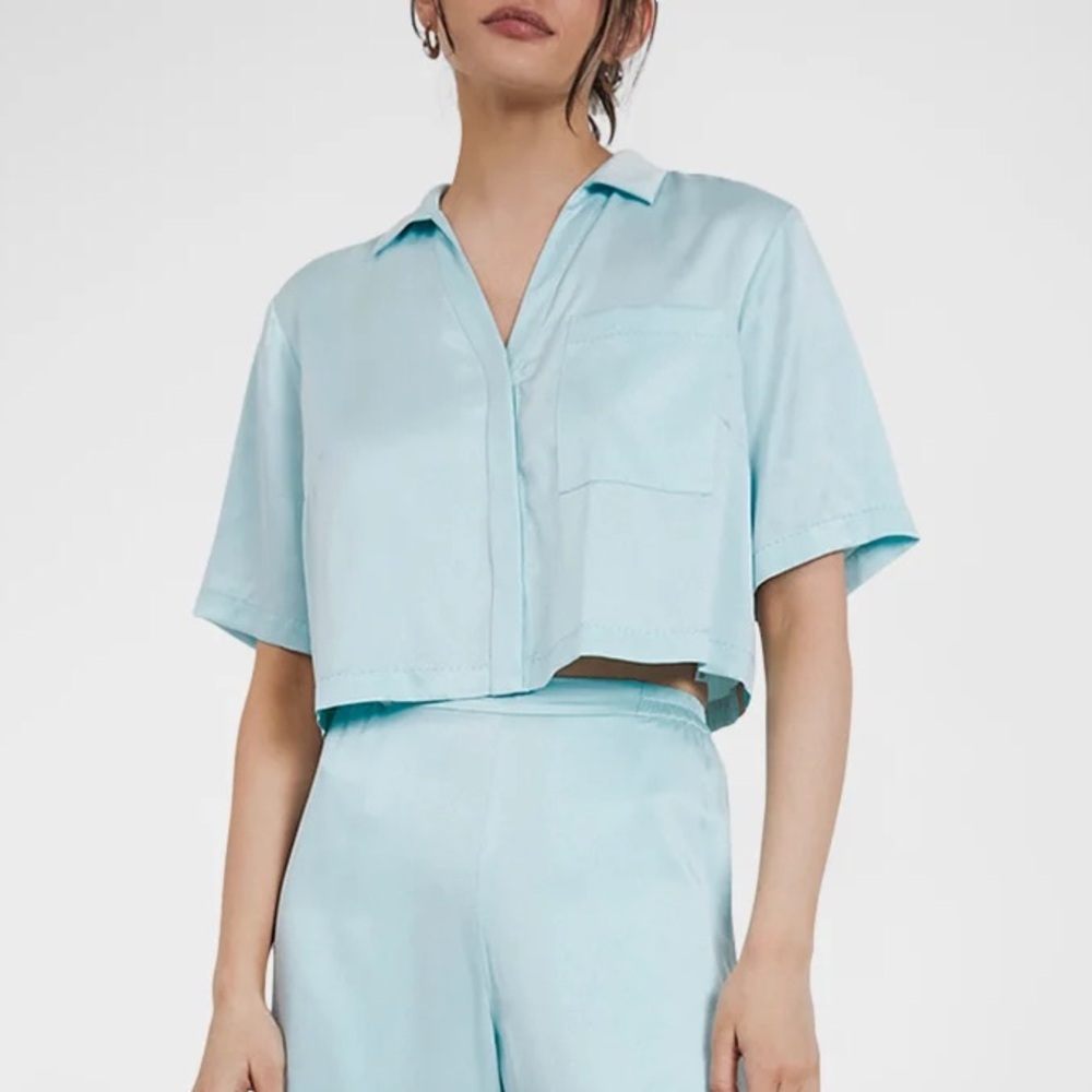 LUNYA Washable Silk Button Up Short Pajama Set in Infinity Blue Size XS